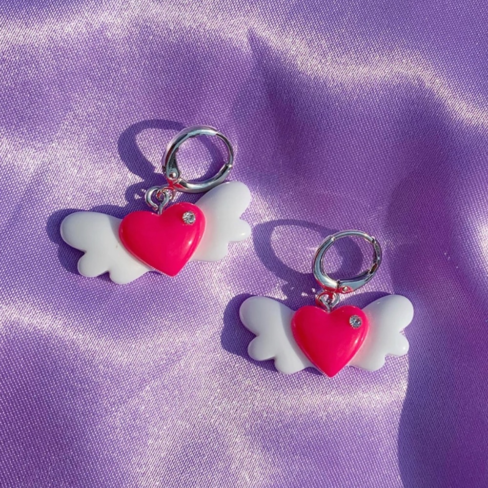 Hot Pink & White Handmade Heart Wing Dangle Earrings